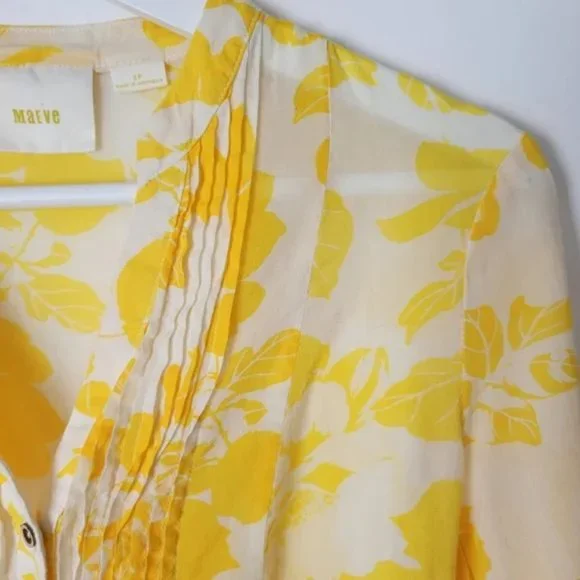 Anthropologie Maeve Yellow Floral Pintuck Peplum Blouse Size 2 - Picture 5 of 5
